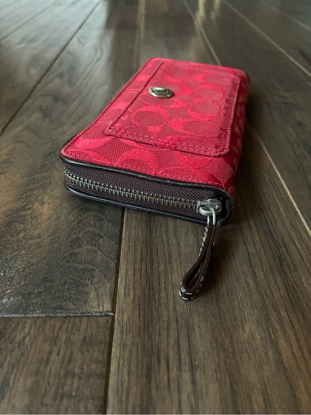 Coach Signature Jacquard Red Zip Around Wallet Leather Trim - Picture 9 of 15